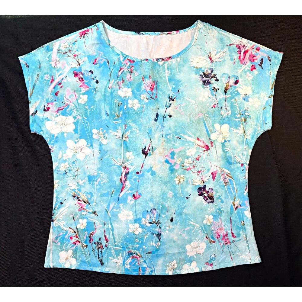 Women’s Blue Floral Polyester Woven Pleated Pullover Round Neck Blouse M